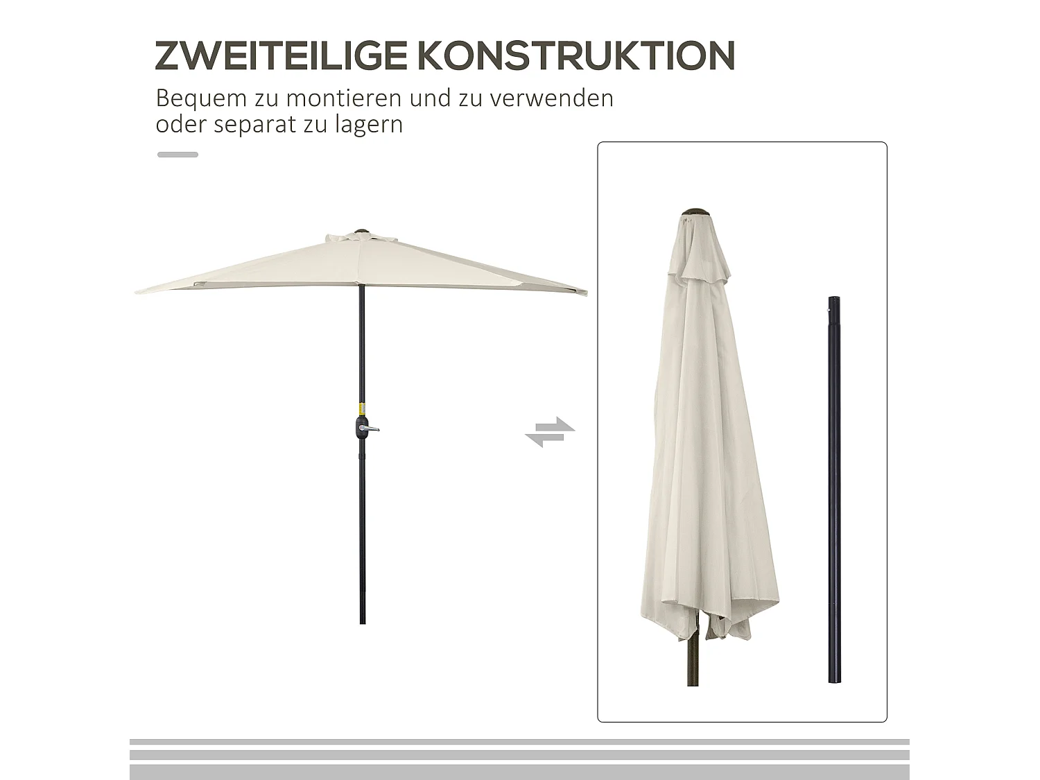 Halfronde parasol met slinger, metaal, crème en zwart, UV-bescherming (293x150x249cm)