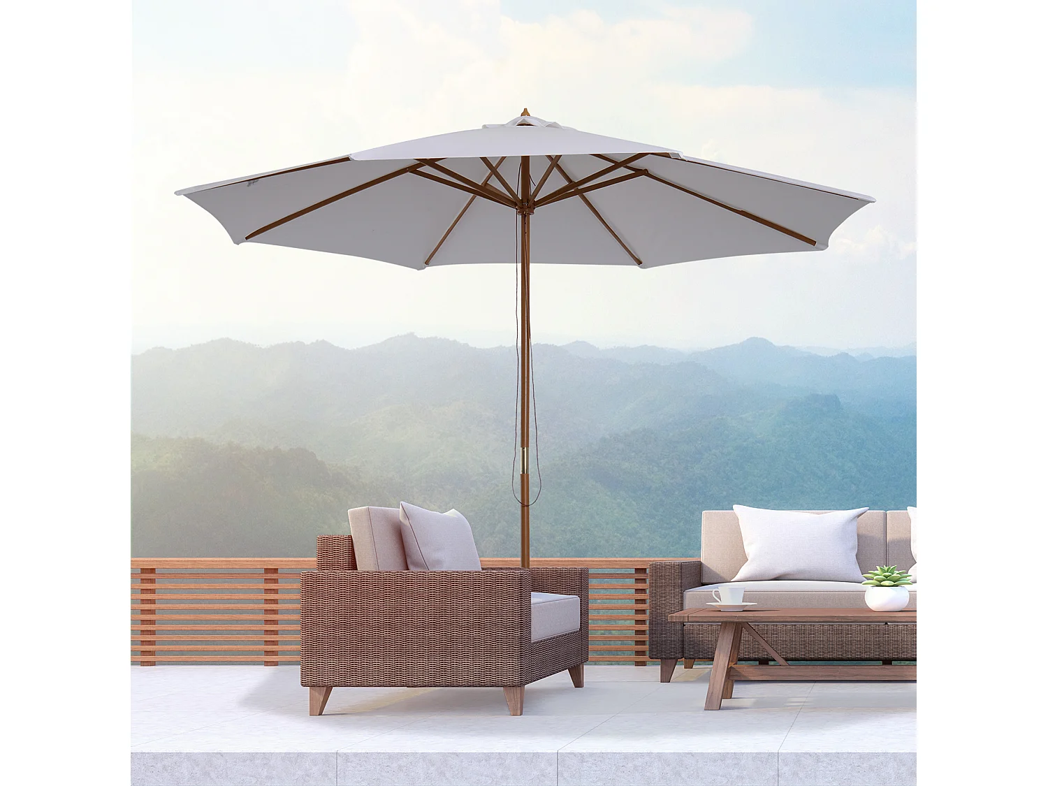 Sombrilla de madera, 300 cm, con mecanismo de elevación, bambú, color crema (300x300x250 cm)