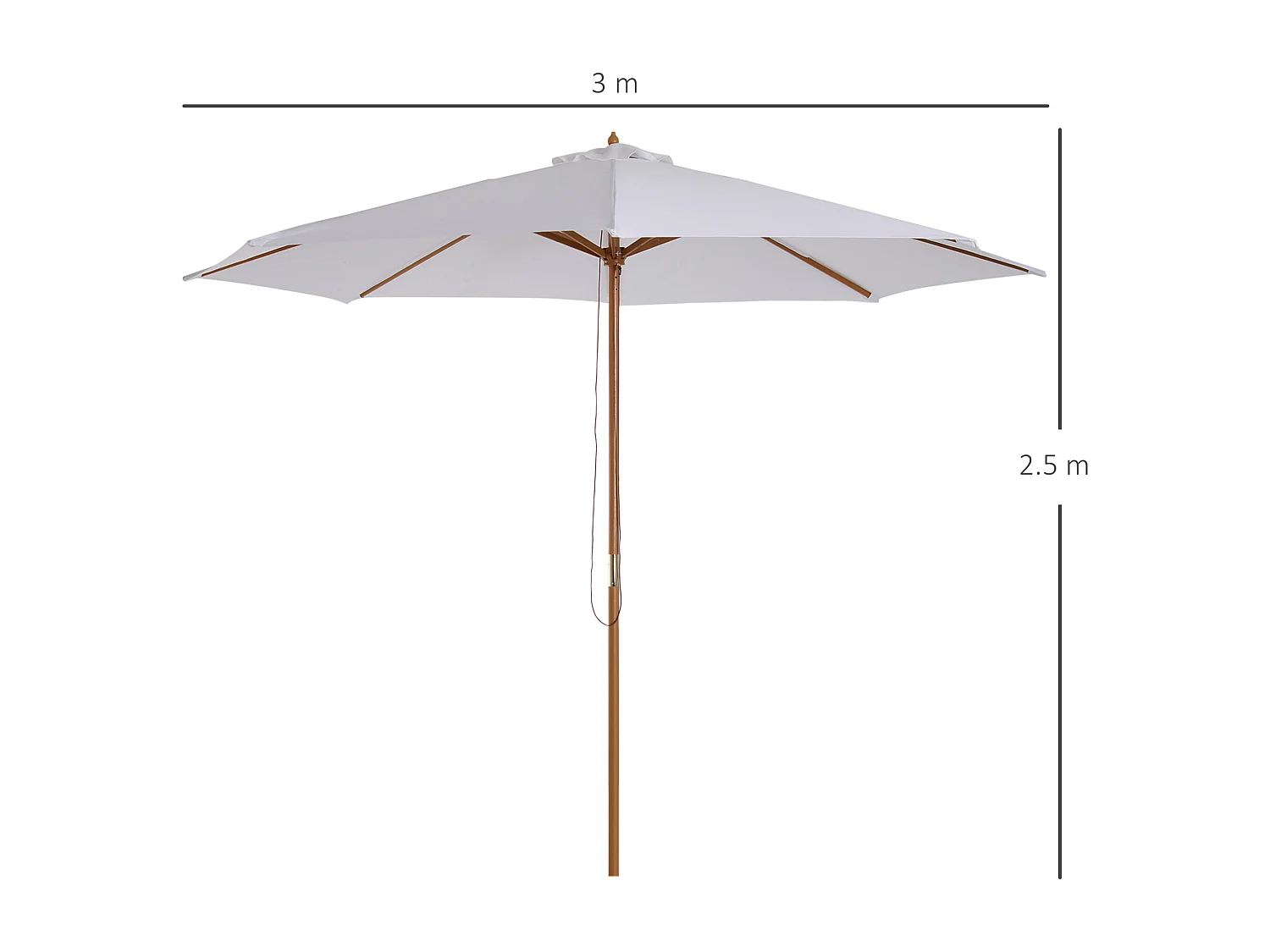 Sombrilla de madera, 300 cm, con mecanismo de elevación, bambú, color crema (300x300x250 cm)