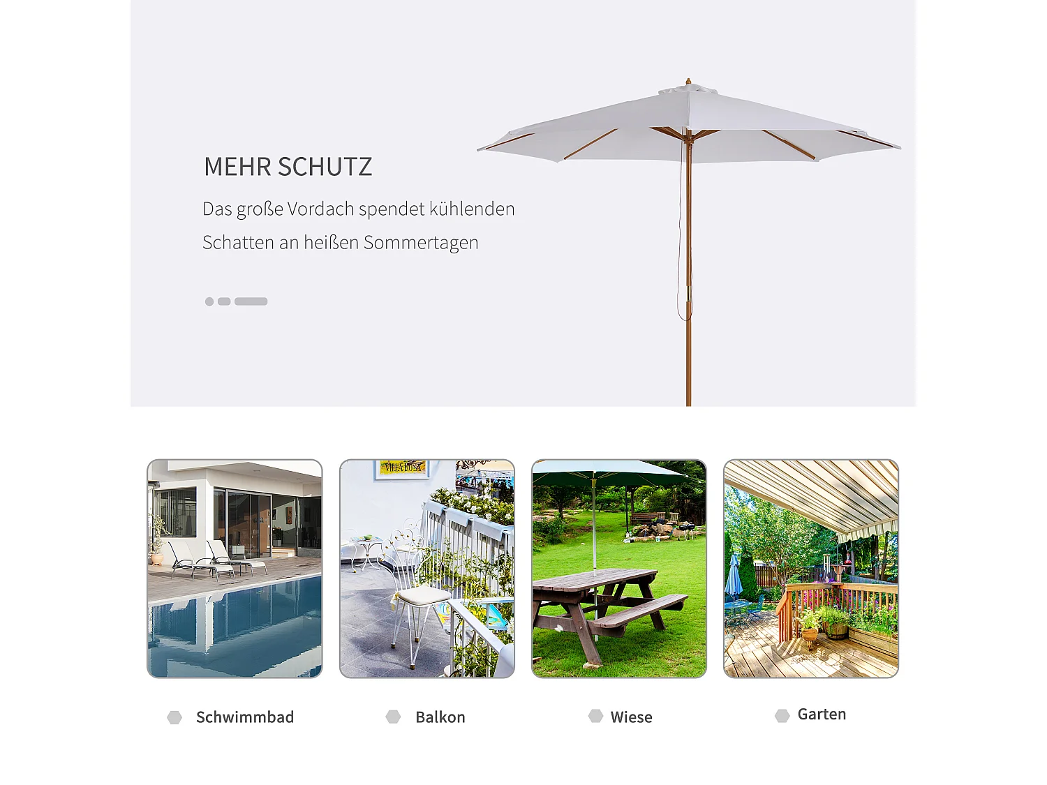 Sombrilla de madera, 300 cm, con mecanismo de elevación, bambú, color crema (300x300x250 cm)