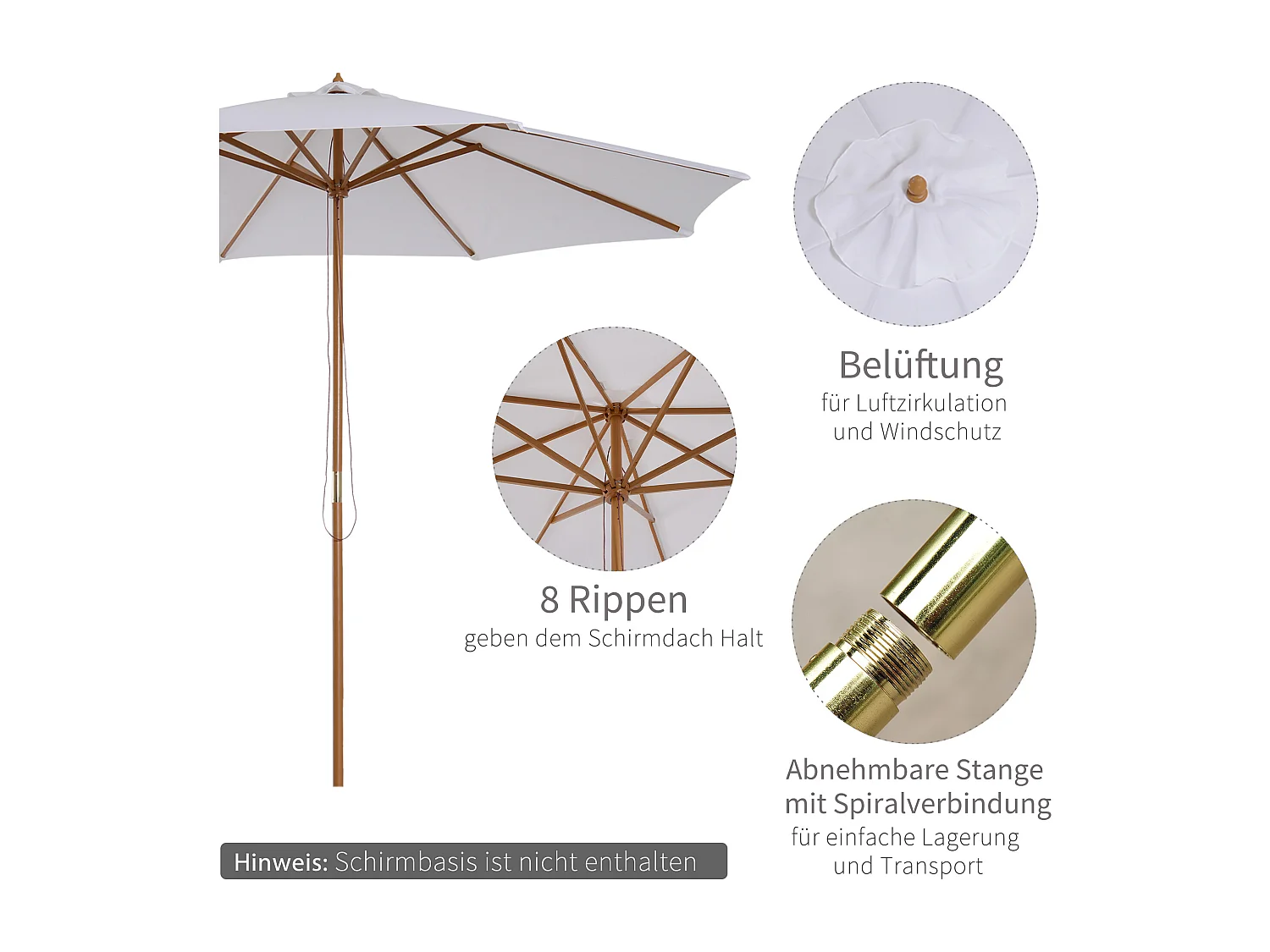 Sombrilla de madera, 300 cm, con mecanismo de elevación, bambú, color crema (300x300x250 cm)