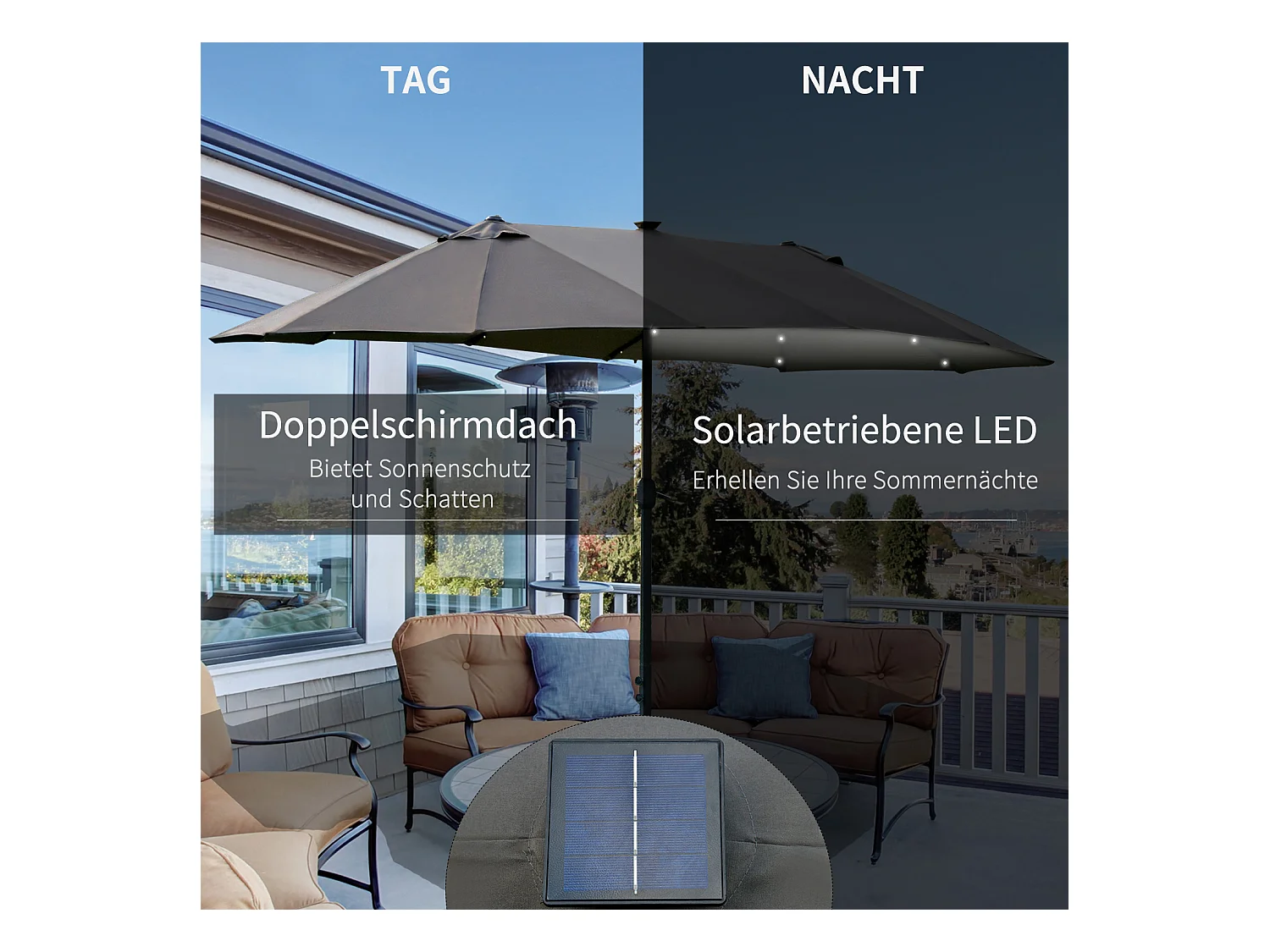 Dubbele parasol met LED, metaal, donkergrijs, met slinger, voor terras (440x260x240 cm)