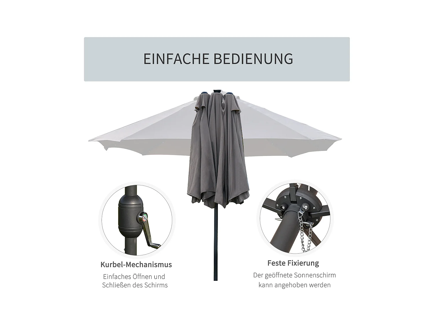 Dubbele parasol met LED, metaal, donkergrijs, met slinger, voor terras (440x260x240 cm)