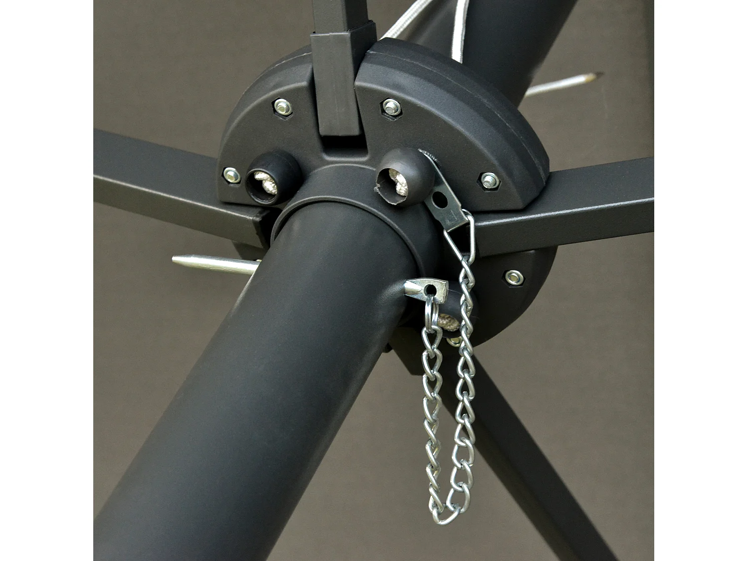 Parasol double avec LED, métal, gris foncé, avec manivelle, pour terrasse (440x260x240 cm)