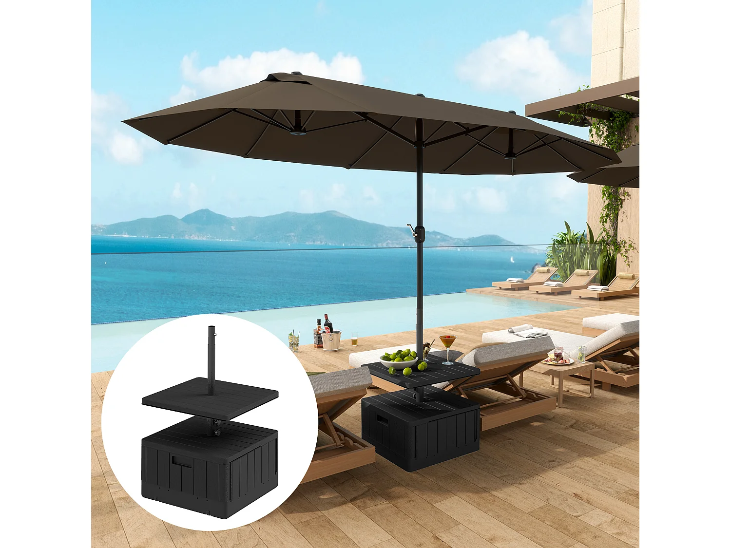 3-in-1 parasolvoet, vulbaar 80kg, met wielen, recyclebaar kunststof, zwart (53x53x45cm)