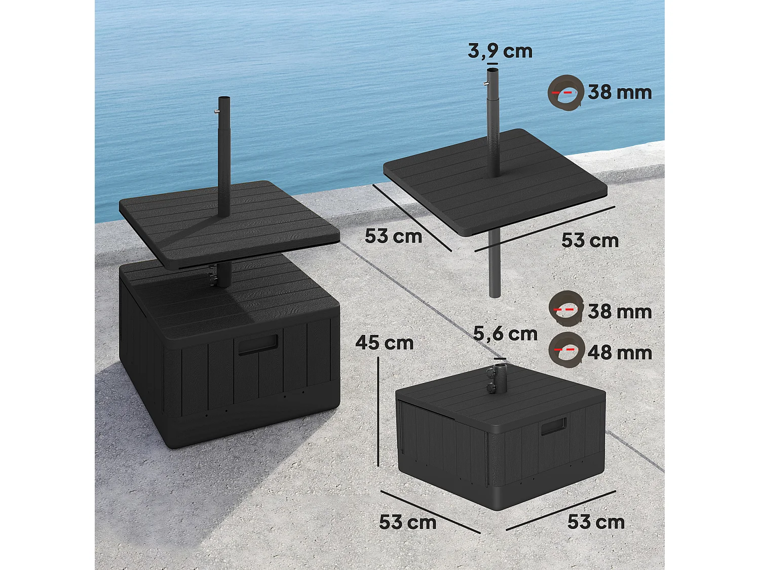 3-in-1 parasolvoet, vulbaar 80kg, met wielen, recyclebaar kunststof, zwart (53x53x45cm)