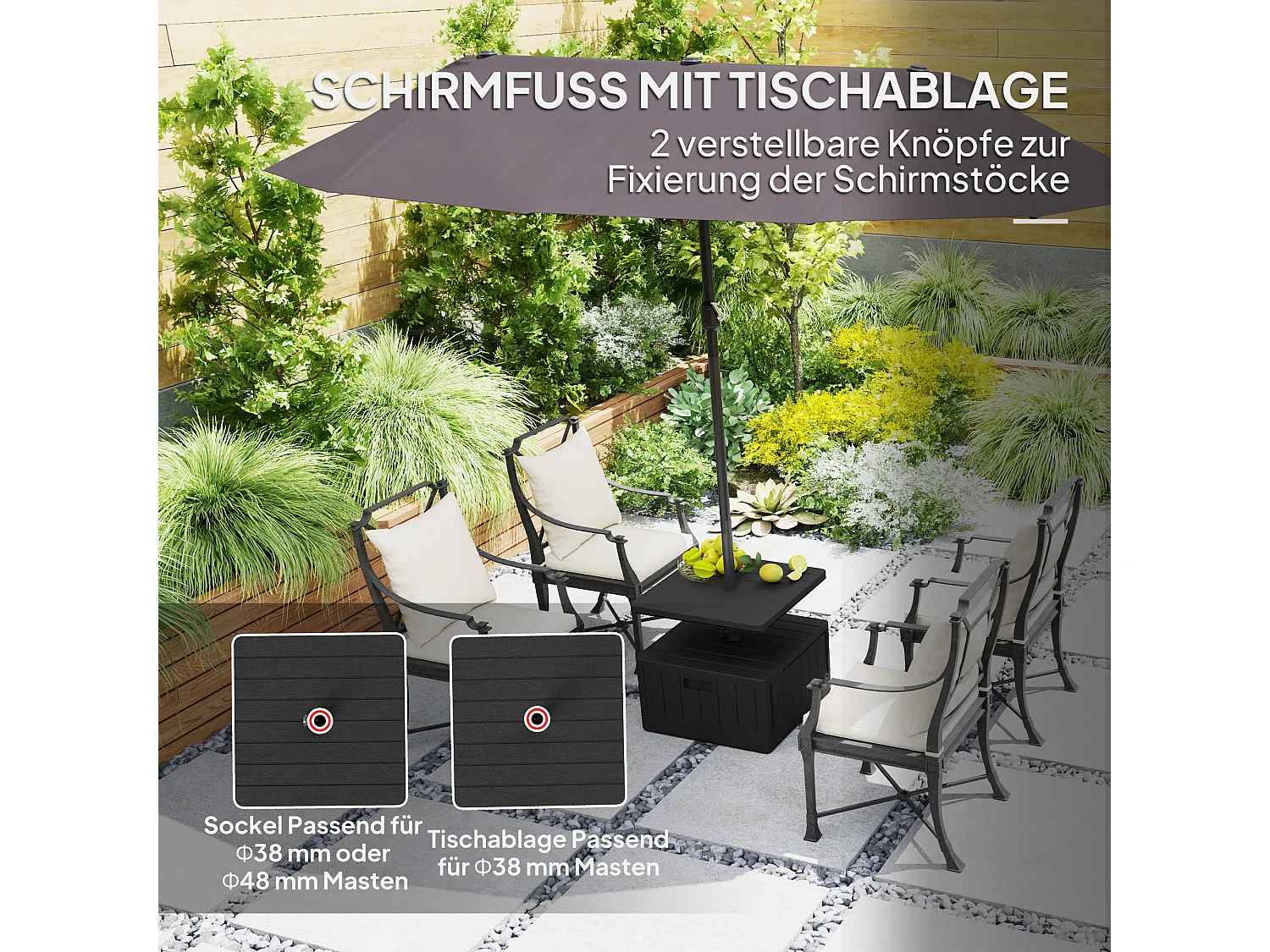 3-in-1 parasolvoet, vulbaar 80kg, met wielen, recyclebaar kunststof, zwart (53x53x45cm)