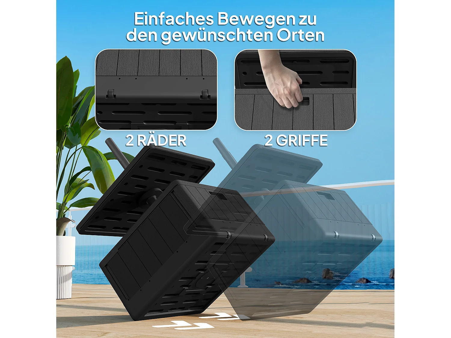 3-in-1 parasolvoet, vulbaar 80kg, met wielen, recyclebaar kunststof, zwart (53x53x45cm)