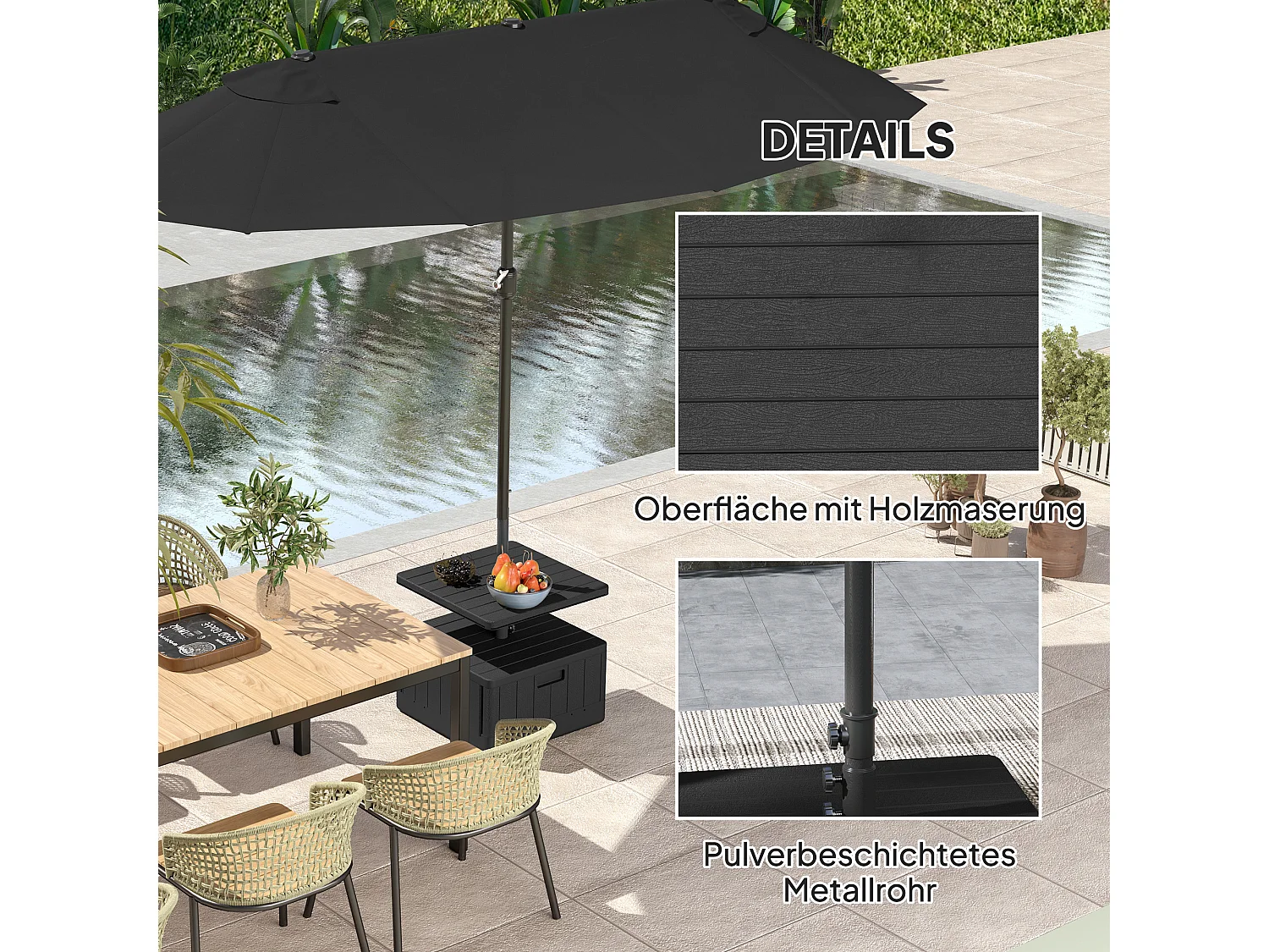 3-in-1 parasolvoet, vulbaar 80kg, met wielen, recyclebaar kunststof, zwart (53x53x45cm)