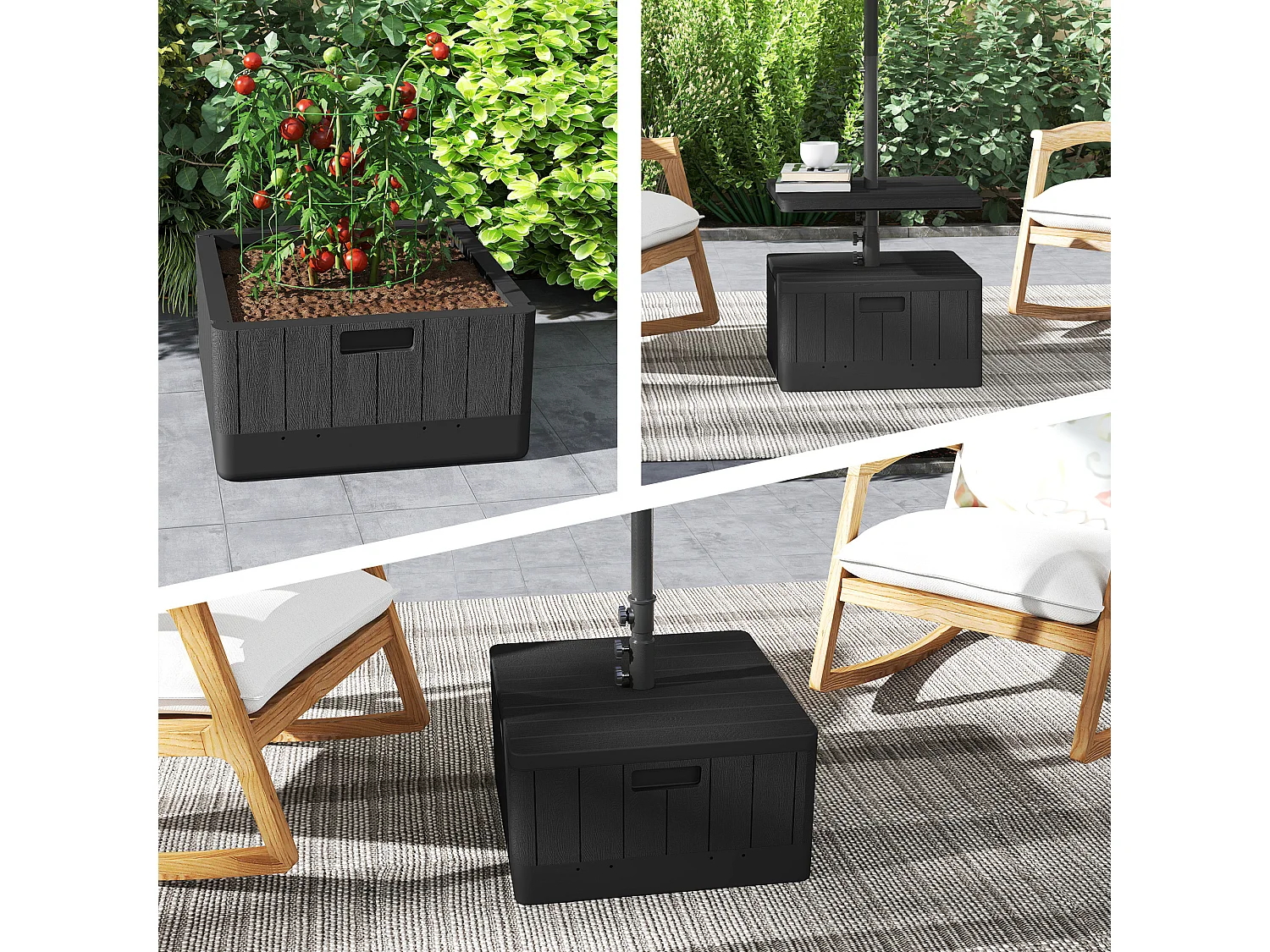 3-in-1 parasolvoet, vulbaar 80kg, met wielen, recyclebaar kunststof, zwart (53x53x45cm)