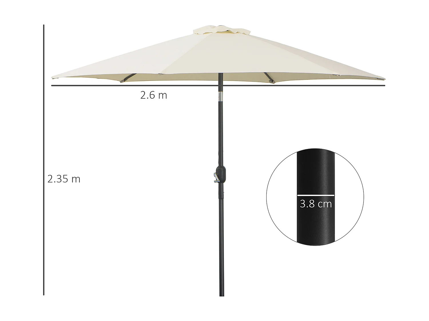 Parasol inclinable avec manivelle, aluminium, polyester 180 g/m², beige (2,6x2,6x2,35 m)
