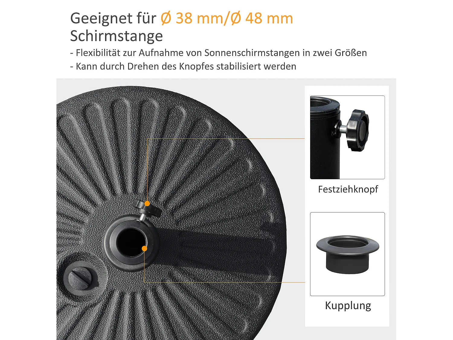Parasolvoet 22 kg, voor palen Ø38/48 mm, zwart beton, stabiel en weerbestendig (51x51x12 cm)
