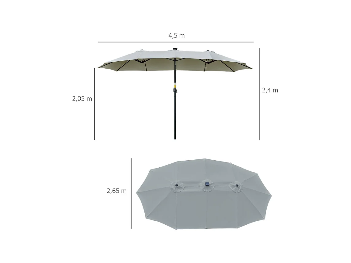 LED zonneparasol, dubbel met kantelbare voet, polyester, lichtgrijs en zwart (450x265x240 cm)