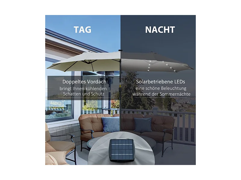 LED zonneparasol, dubbel met kantelbare voet, polyester, lichtgrijs en zwart (450x265x240 cm)