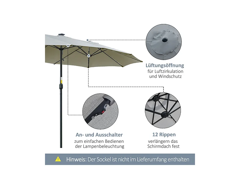 LED zonneparasol, dubbel met kantelbare voet, polyester, lichtgrijs en zwart (450x265x240 cm)
