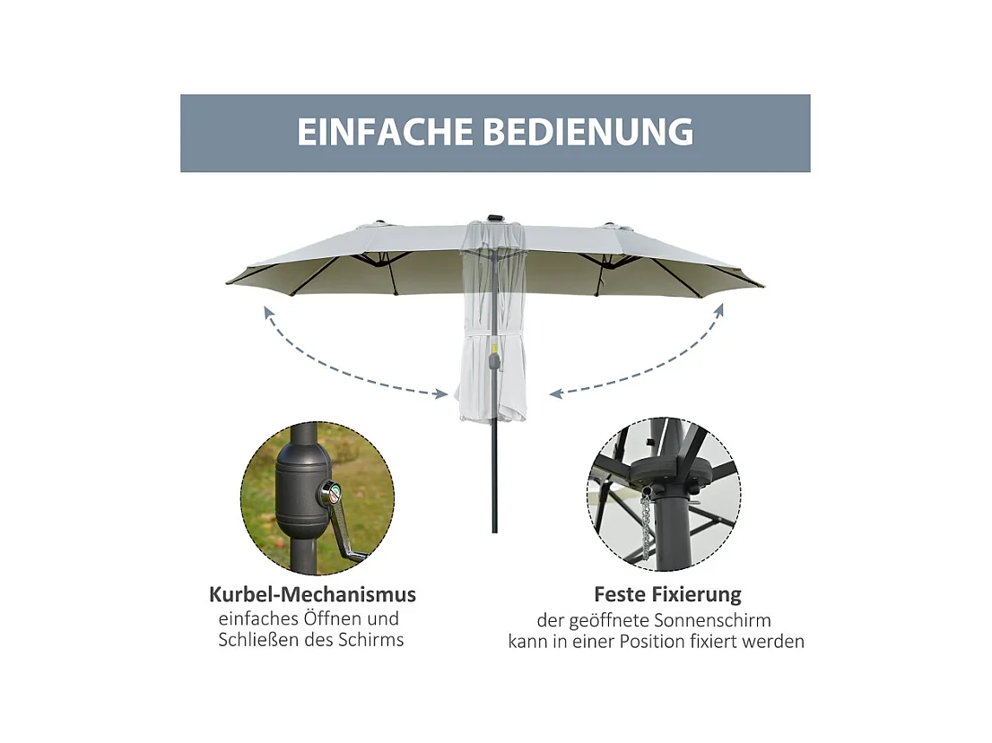 LED zonneparasol, dubbel met kantelbare voet, polyester, lichtgrijs en zwart (450x265x240 cm)