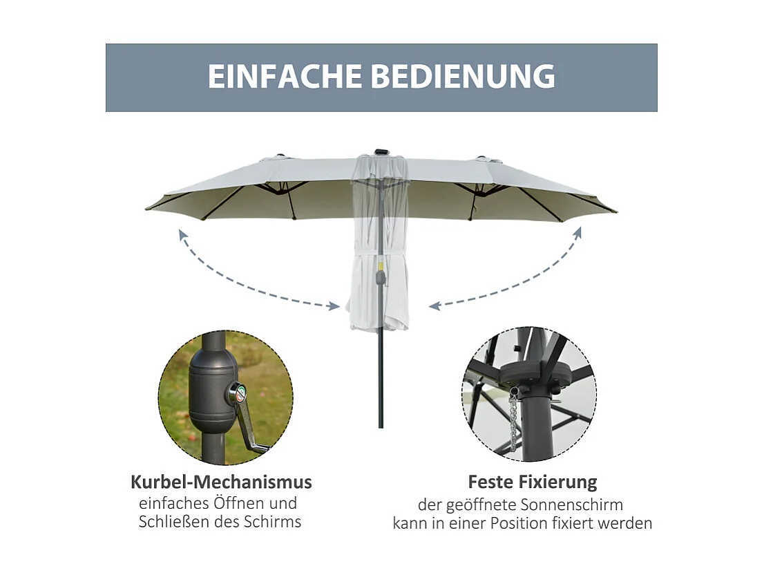 Parasol solar LED doble con base inclinable, poliéster, gris claro y negro (450x265x240 cm)