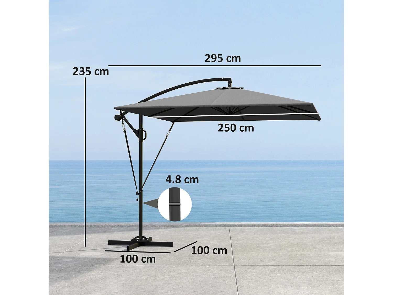 Parasol déporté 260 cm, avec UV 50+ protection, fonction inclinable, métal et polyester gris (295x250x235cm)