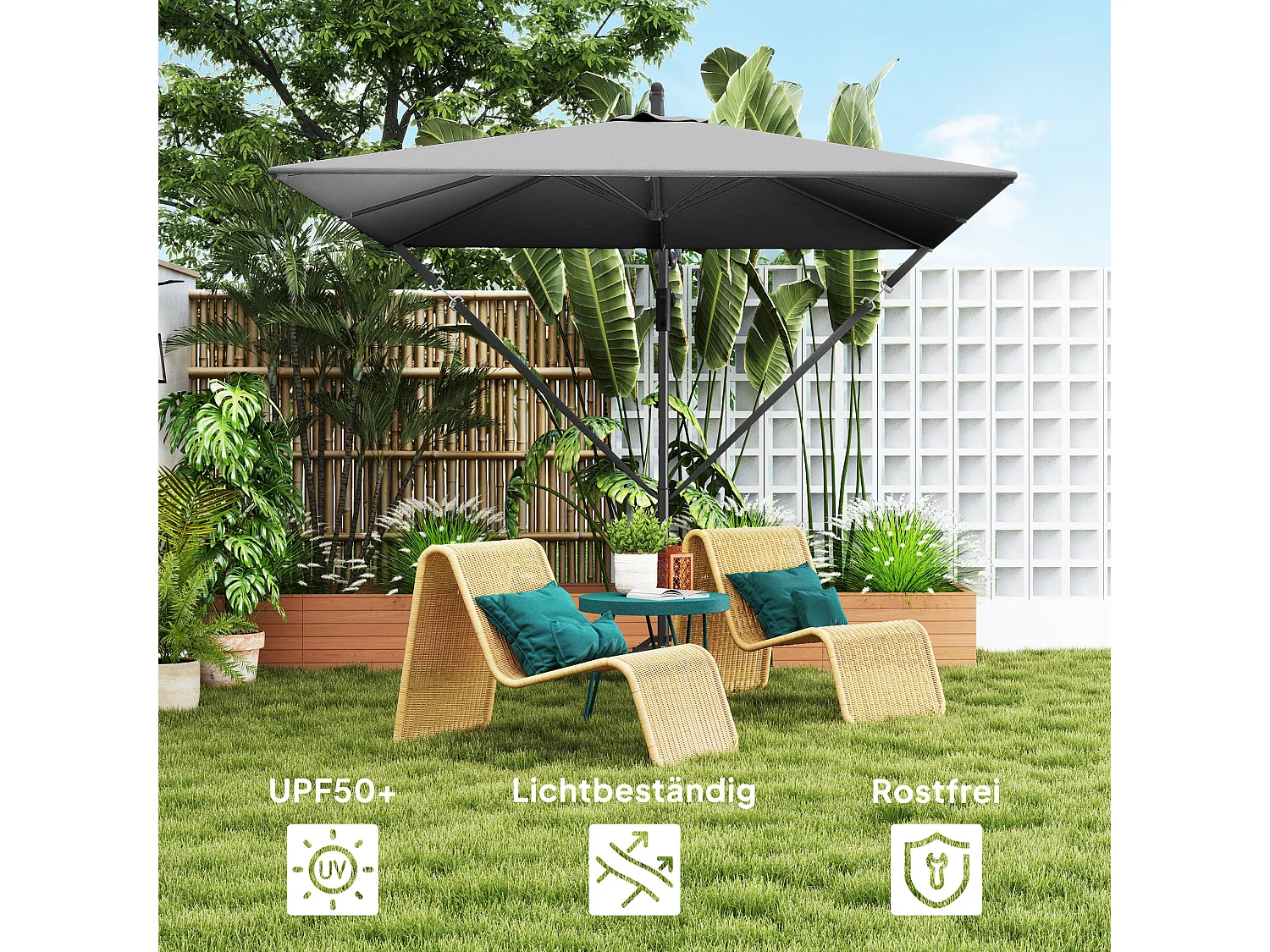Parasol déporté 260 cm, avec UV 50+ protection, fonction inclinable, métal et polyester gris (295x250x235cm)