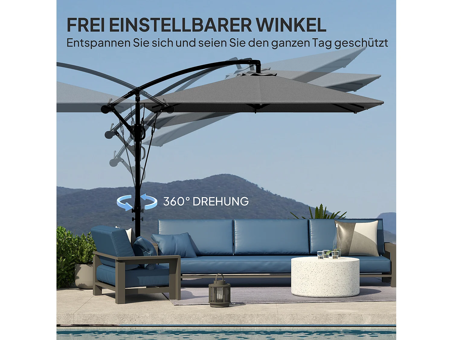 Parasol déporté 260 cm, avec UV 50+ protection, fonction inclinable, métal et polyester gris (295x250x235cm)