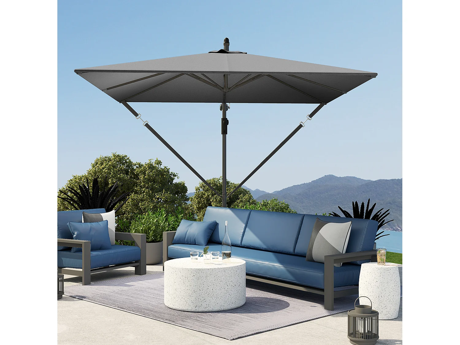 Parasol déporté 260 cm, avec UV 50+ protection, fonction inclinable, métal et polyester gris (295x250x235cm)