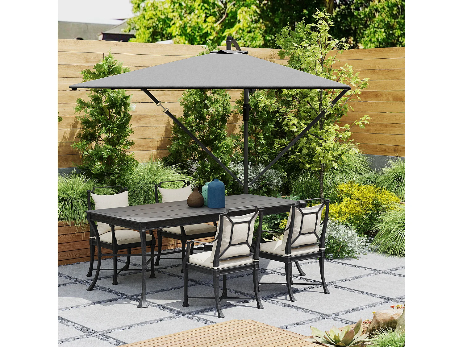 Parasol déporté 260 cm, avec UV 50+ protection, fonction inclinable, métal et polyester gris (295x250x235cm)