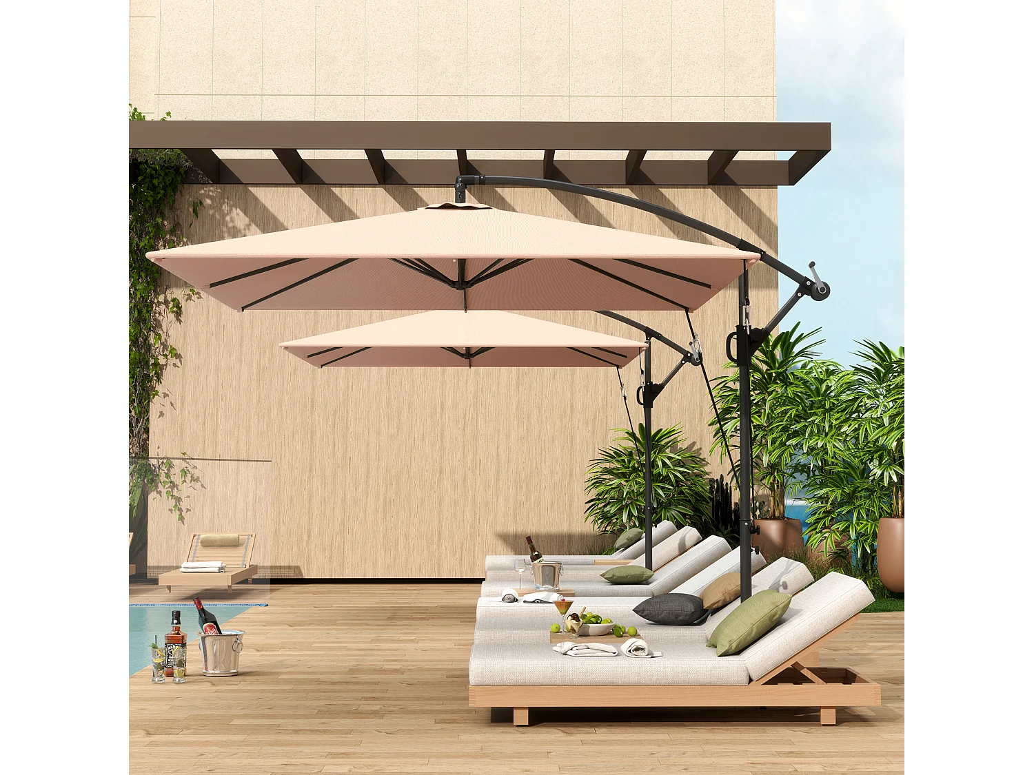 Zwevende parasol Ø260cm, 180g/m² polyesterstof, UV50+ bescherming, kaki, incl. voet, slinger en hoes (295x250x235cm)