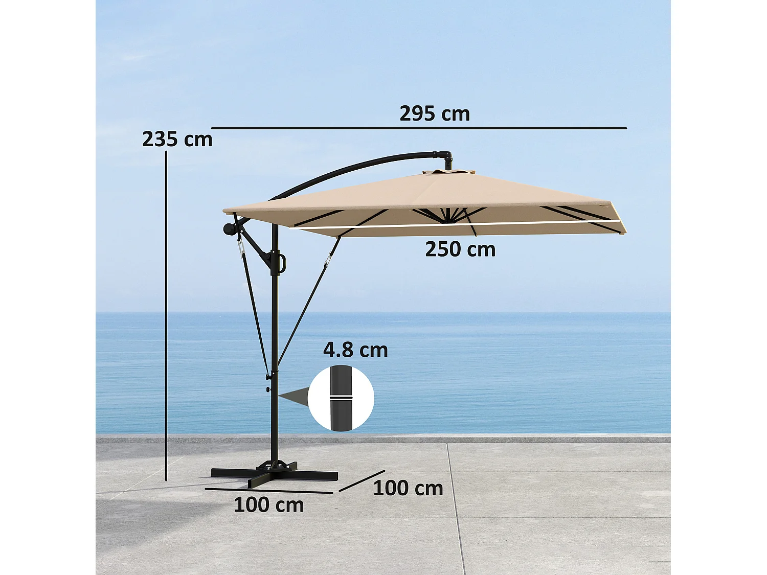 Zwevende parasol Ø260cm, 180g/m² polyesterstof, UV50+ bescherming, kaki, incl. voet, slinger en hoes (295x250x235cm)