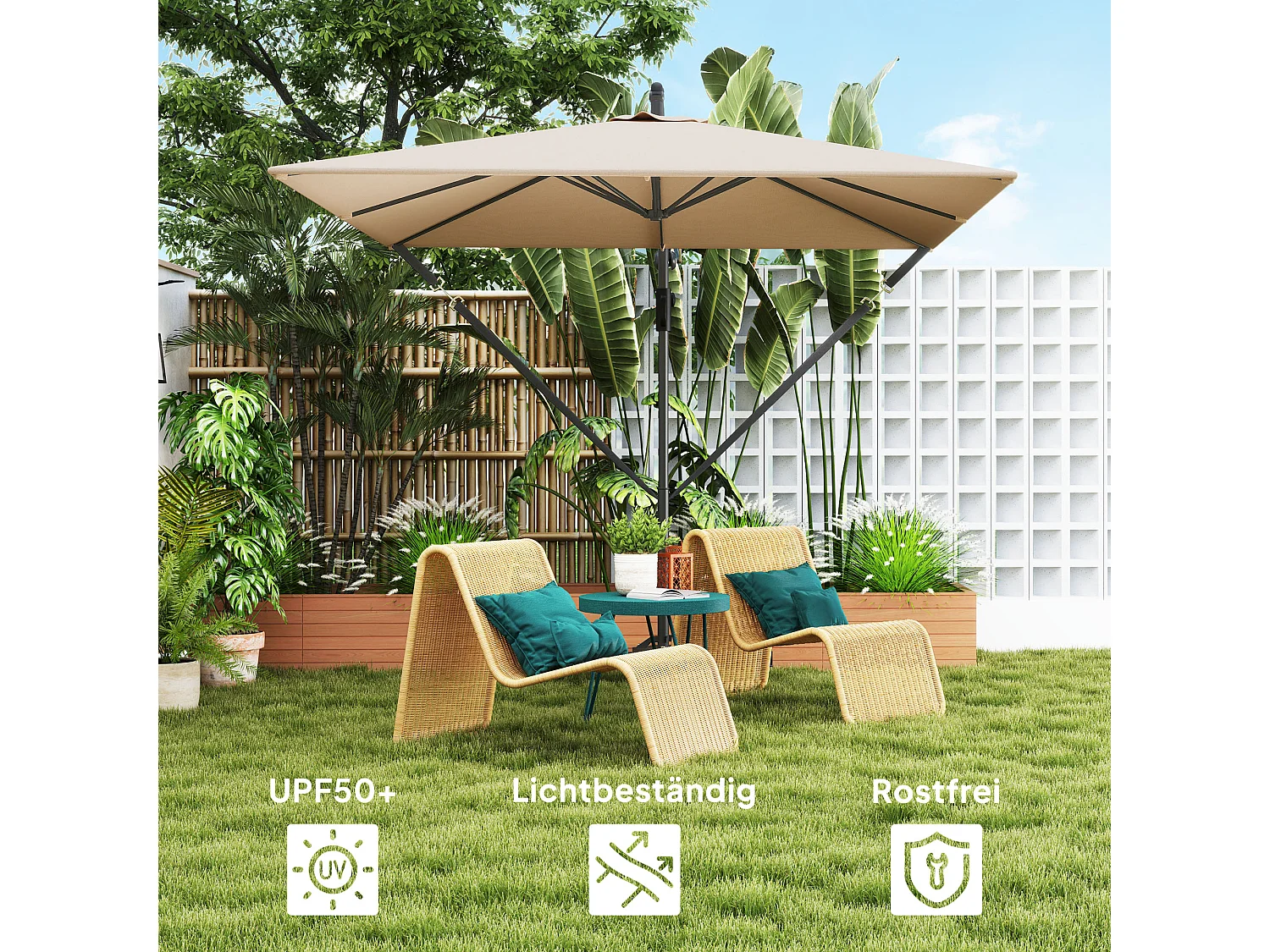 Zwevende parasol Ø260cm, 180g/m² polyesterstof, UV50+ bescherming, kaki, incl. voet, slinger en hoes (295x250x235cm)