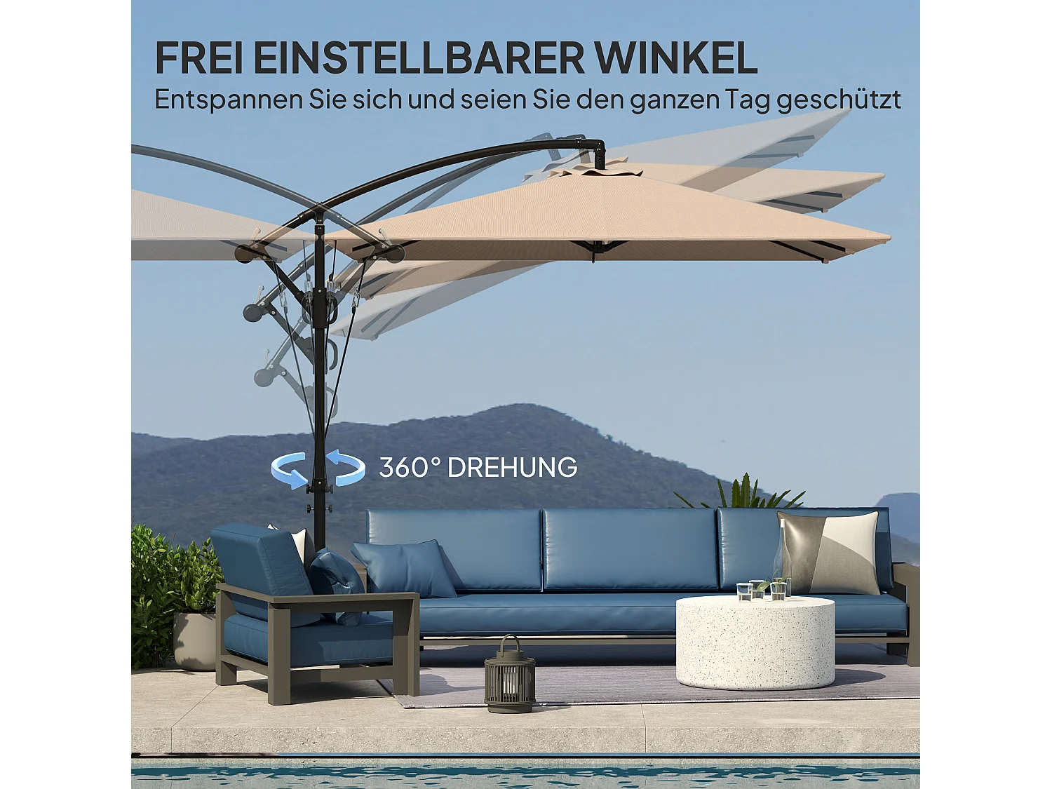 Zwevende parasol Ø260cm, 180g/m² polyesterstof, UV50+ bescherming, kaki, incl. voet, slinger en hoes (295x250x235cm)