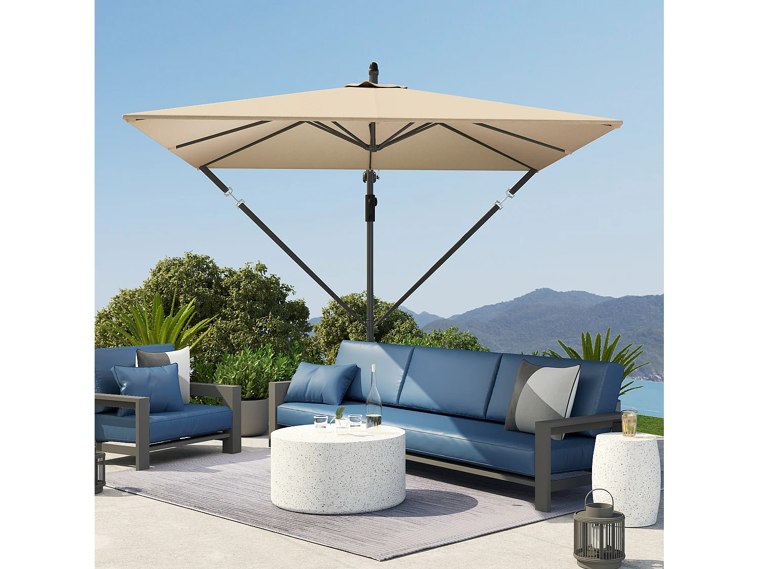 Zwevende parasol Ø260cm, 180g/m² polyesterstof, UV50+ bescherming, kaki, incl. voet, slinger en hoes (295x250x235cm)