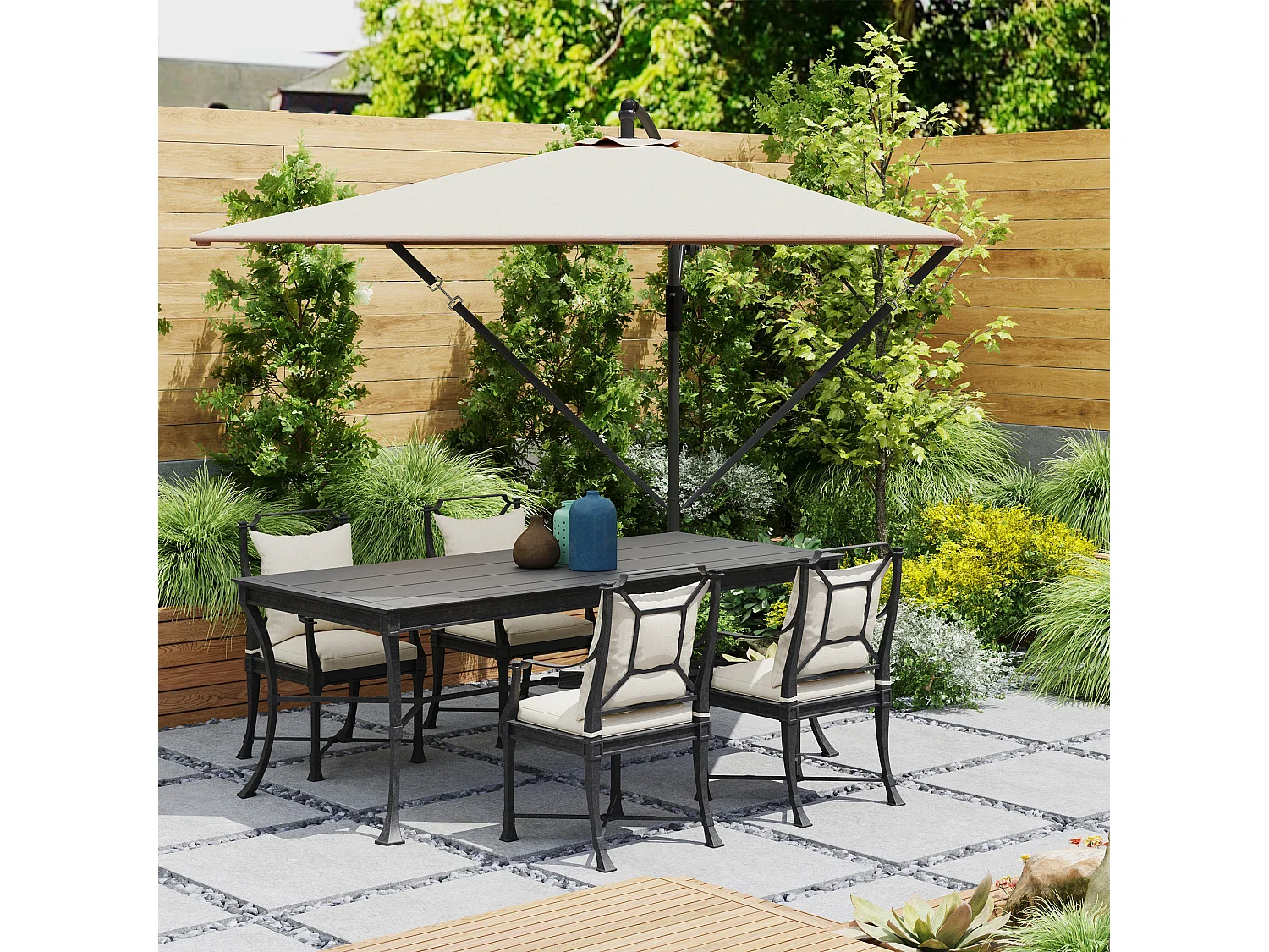 Zwevende parasol Ø260cm, 180g/m² polyesterstof, UV50+ bescherming, kaki, incl. voet, slinger en hoes (295x250x235cm)