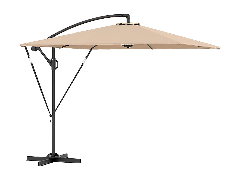 Zwevende parasol Ø260cm, 180g/m² polyesterstof, UV50+ bescherming, kaki, incl. voet, slinger en hoes (295x250x235cm)