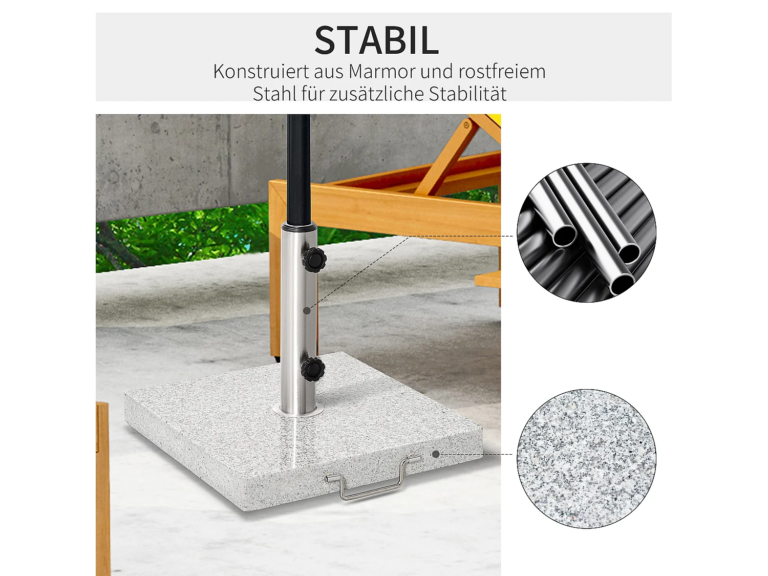 Base mobile per ombrellone in marmo e acciaio inox con ruote, grigia (40x40x36 cm)