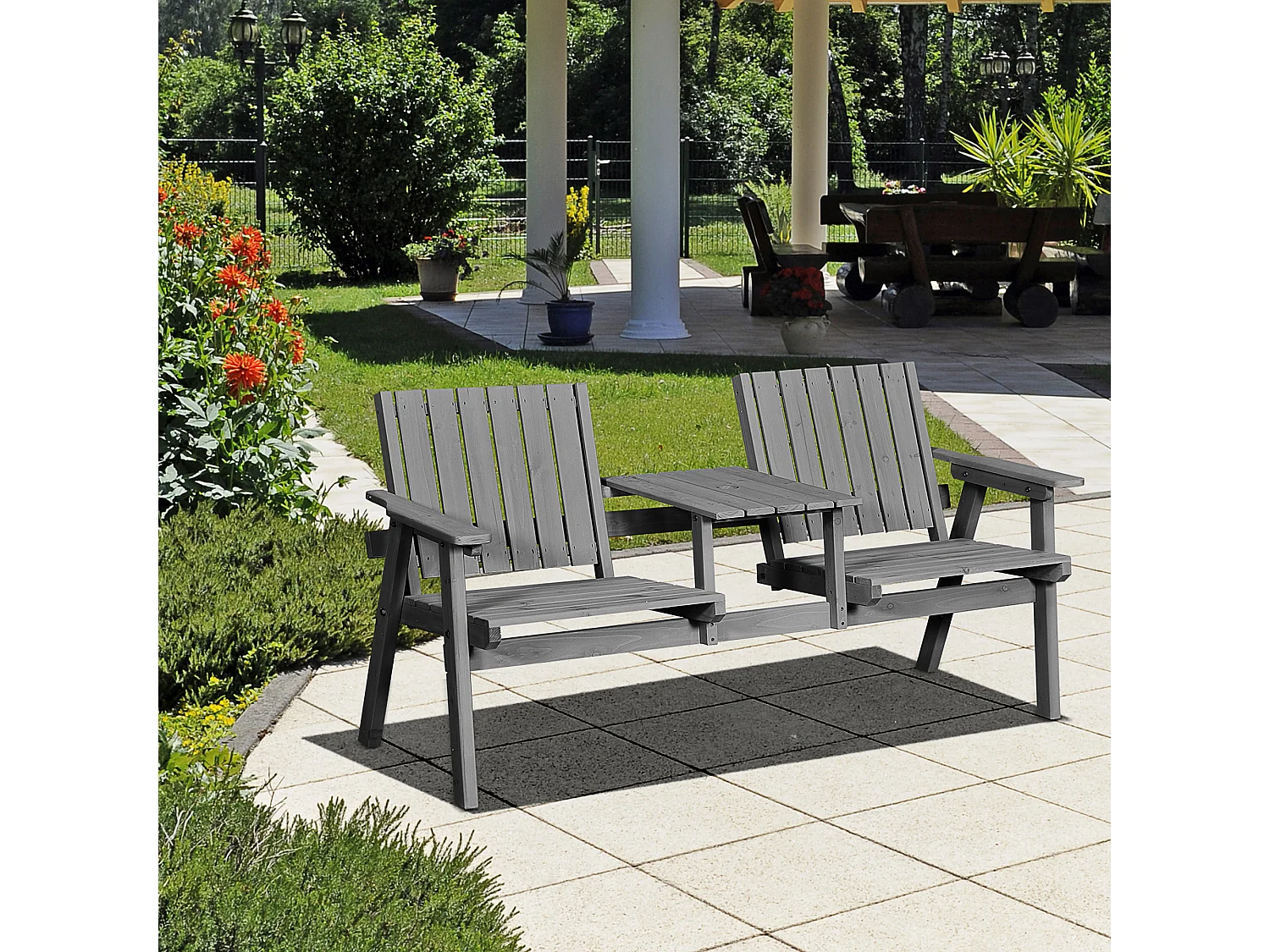 Tuinbank met geïntegreerde tafel, massief hout, grijs, parasolgat (152x70x83cm)