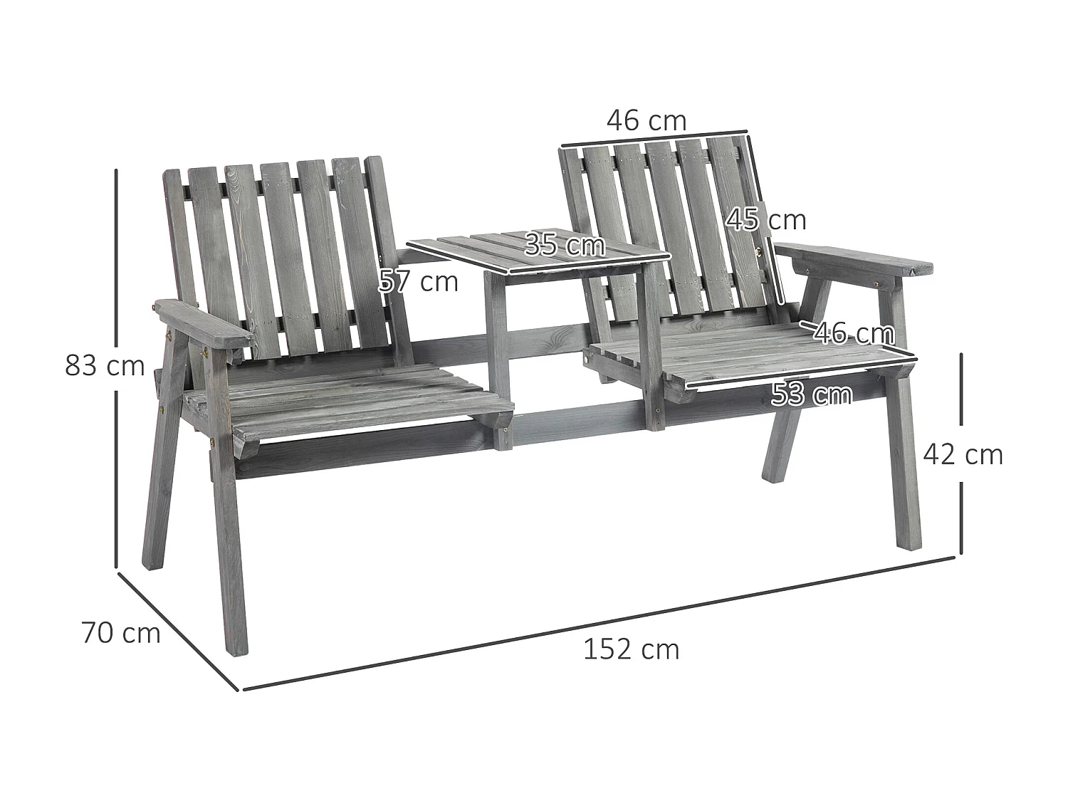 Tuinbank met geïntegreerde tafel, massief hout, grijs, parasolgat (152x70x83cm)