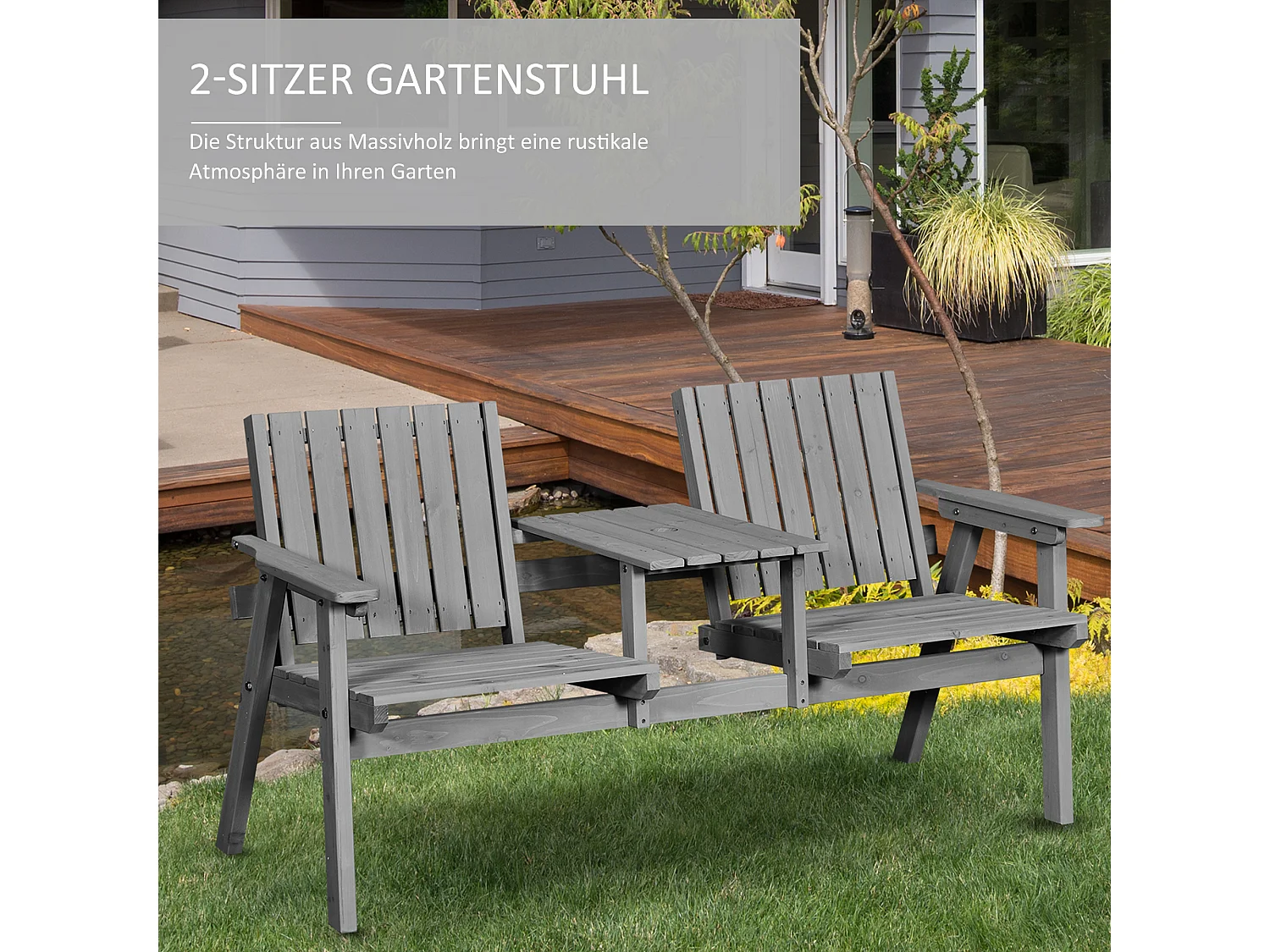 Tuinbank met geïntegreerde tafel, massief hout, grijs, parasolgat (152x70x83cm)