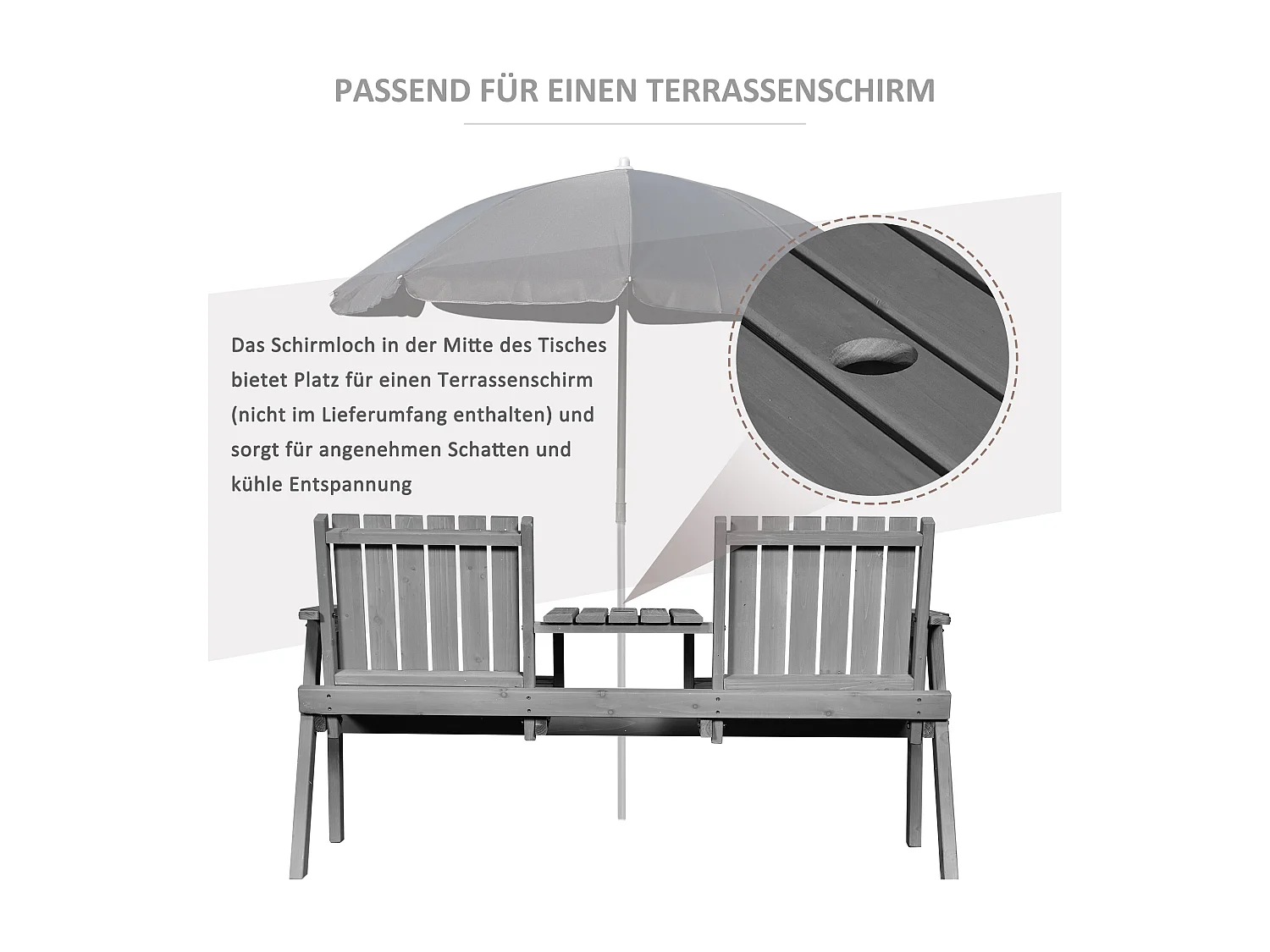 Tuinbank met geïntegreerde tafel, massief hout, grijs, parasolgat (152x70x83cm)