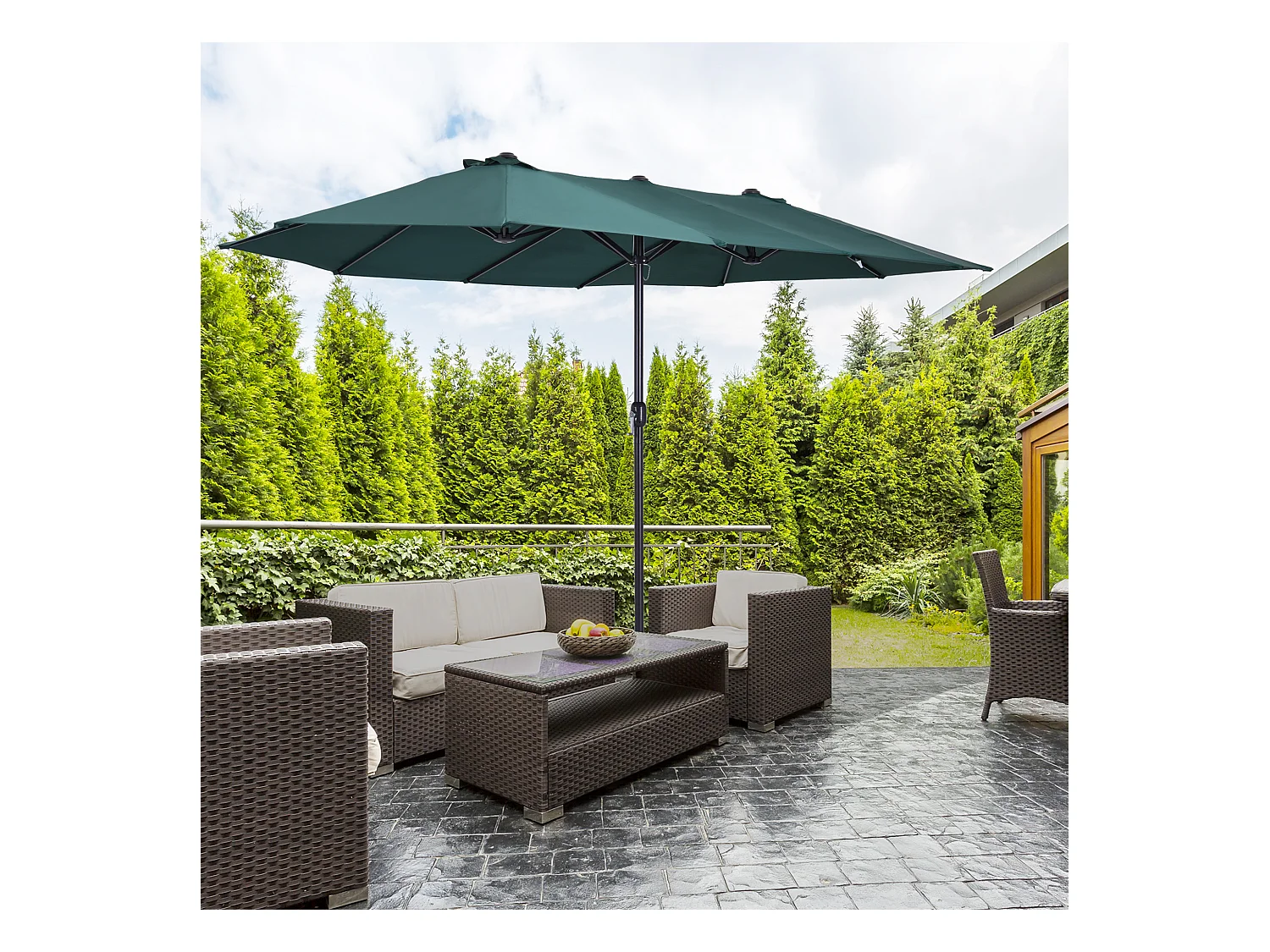 Dubbele parasol met kruisvoet, UV-bescherming, polyester, donkergroen (460x270x241 cm)