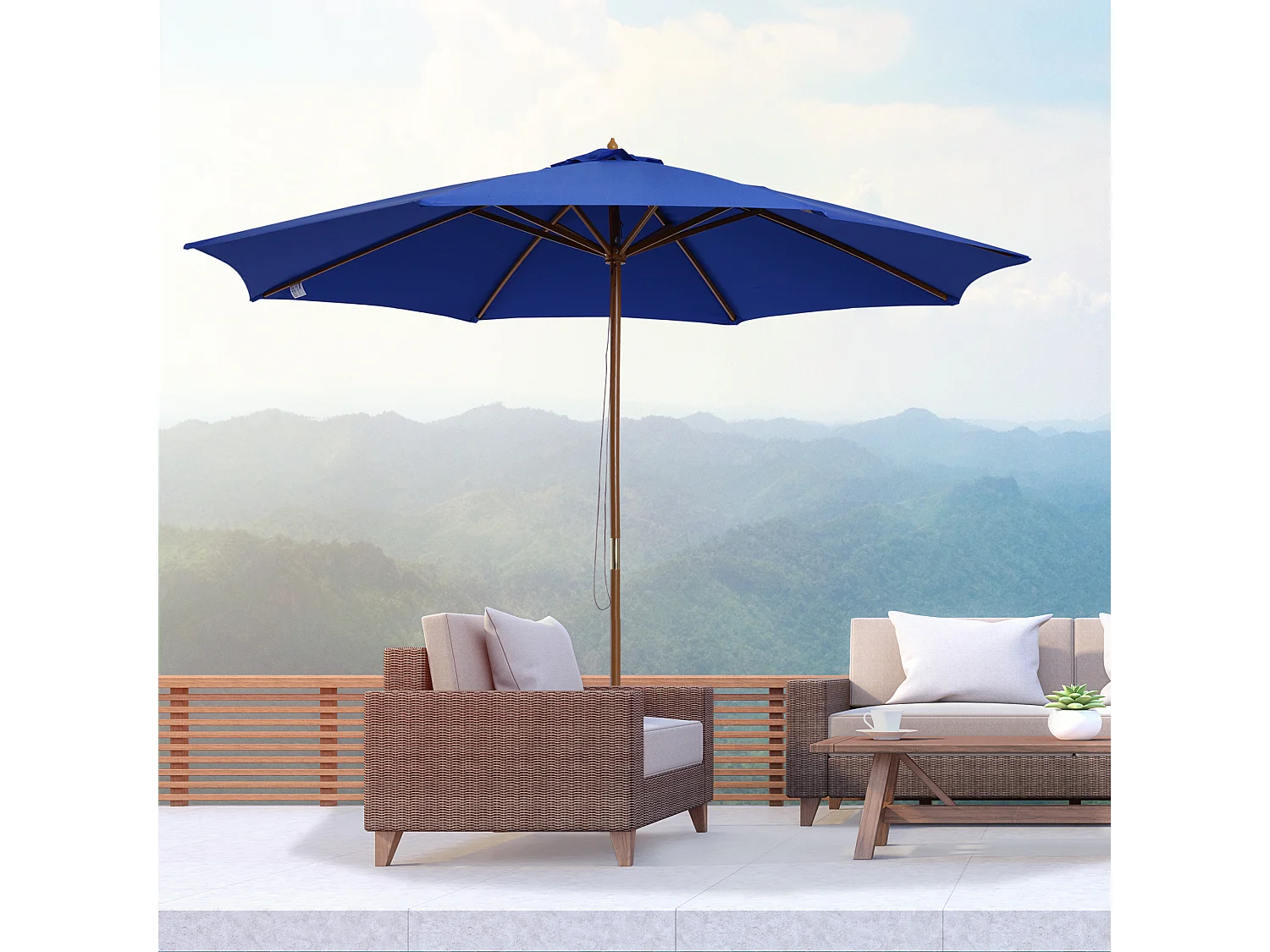 Sombrilla voladiza para balcón, lona de poliéster impermeable, estructura de madera de bambú, color azul (300x300x250cm)