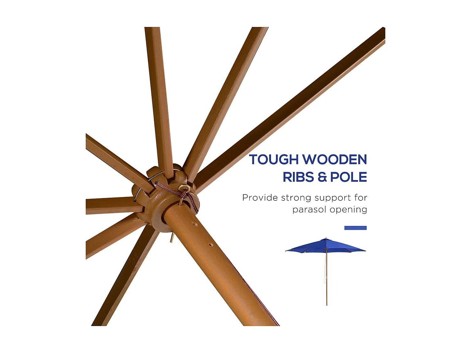 Sombrilla voladiza para balcón, lona de poliéster impermeable, estructura de madera de bambú, color azul (300x300x250cm)