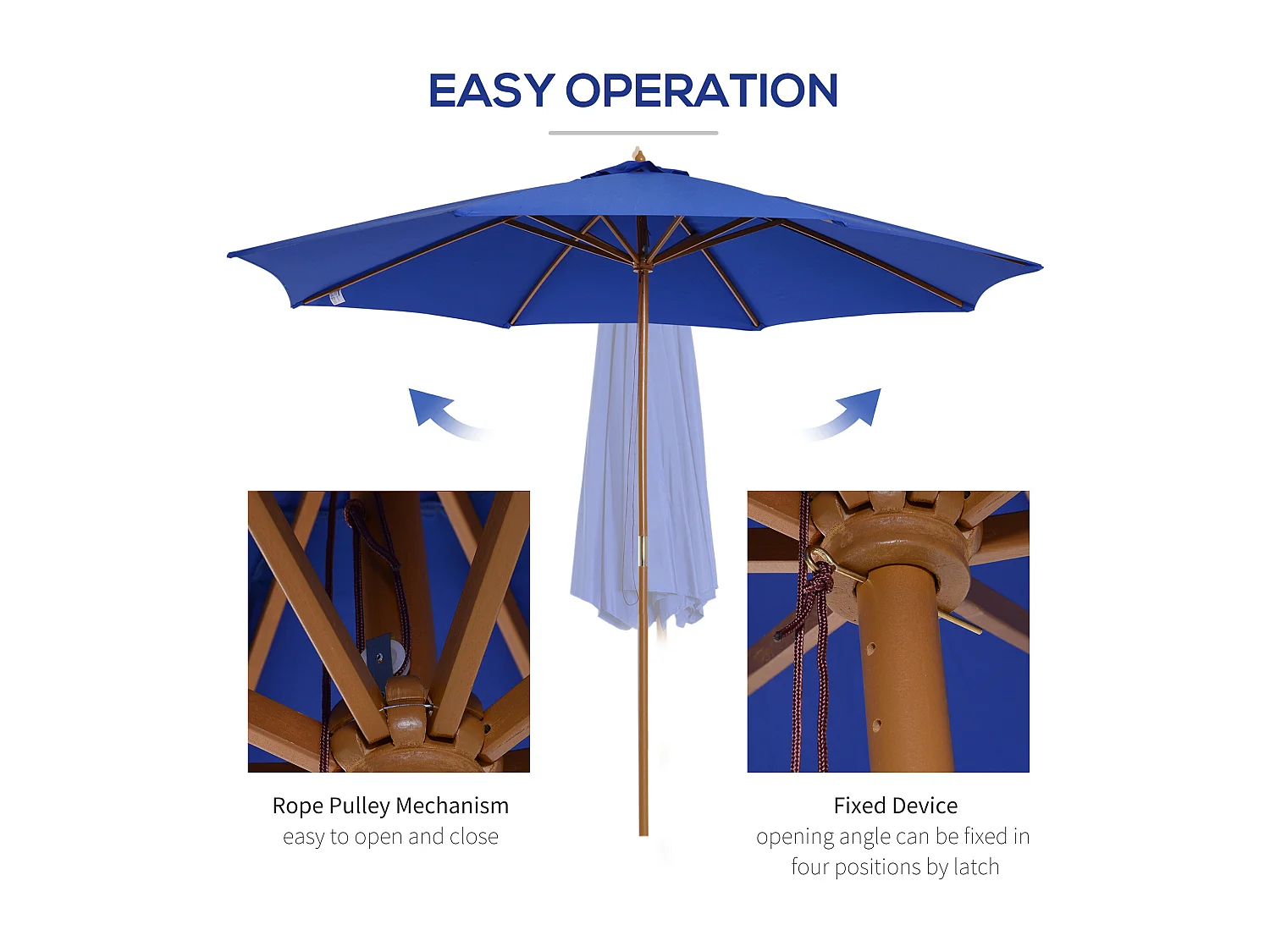 Sombrilla voladiza para balcón, lona de poliéster impermeable, estructura de madera de bambú, color azul (300x300x250cm)