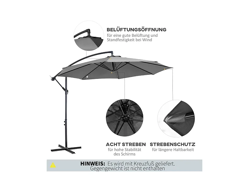 Parasol met slinger, met stalen structuur, polyesterstof, grijs (295x245x250 cm)