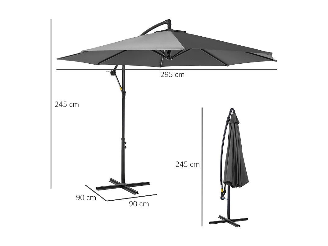 Ombrellone a manovella, con struttura in acciaio, tessuto in poliestere, grigio (295x245x250 cm)