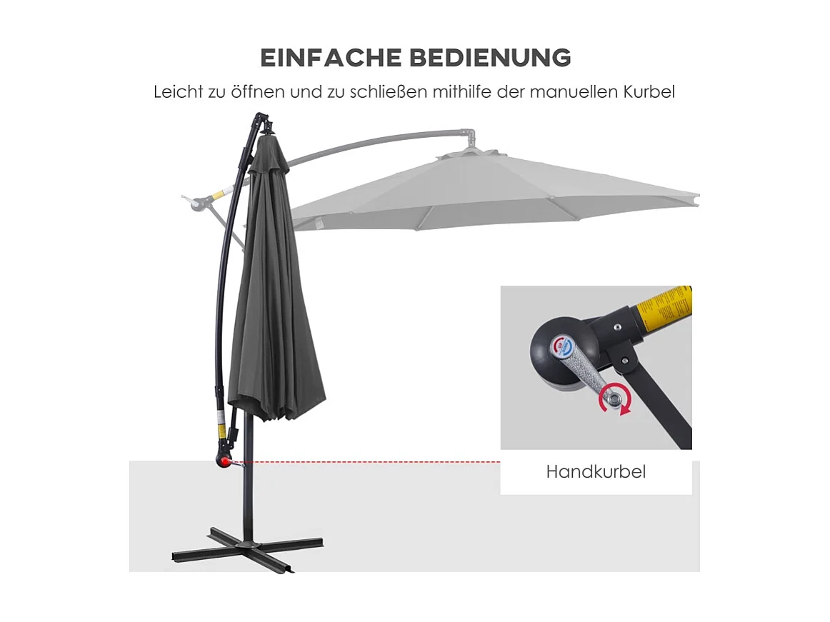 Ombrellone a manovella, con struttura in acciaio, tessuto in poliestere, grigio (295x245x250 cm)