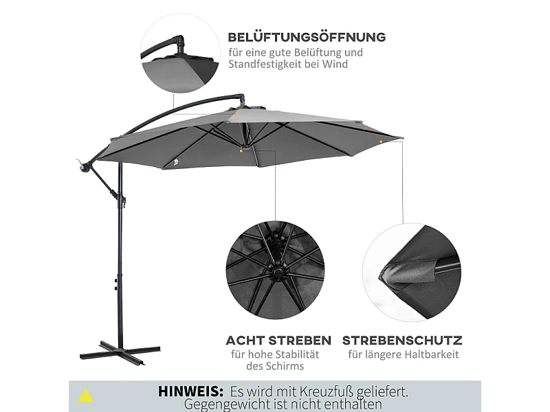 Ombrellone a manovella, con struttura in acciaio, tessuto in poliestere, grigio (295x245x250 cm)