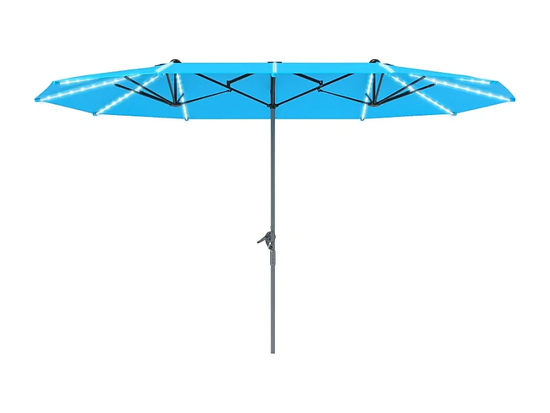 Dubbele parasol met solar LED-verlichting, aluminium, UV50+ bescherming, blauw (451x267x249 cm)