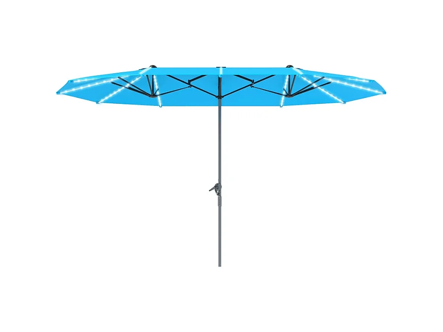 Dubbele parasol met solar LED-verlichting, aluminium, UV50+ bescherming, blauw (451x267x249 cm)
