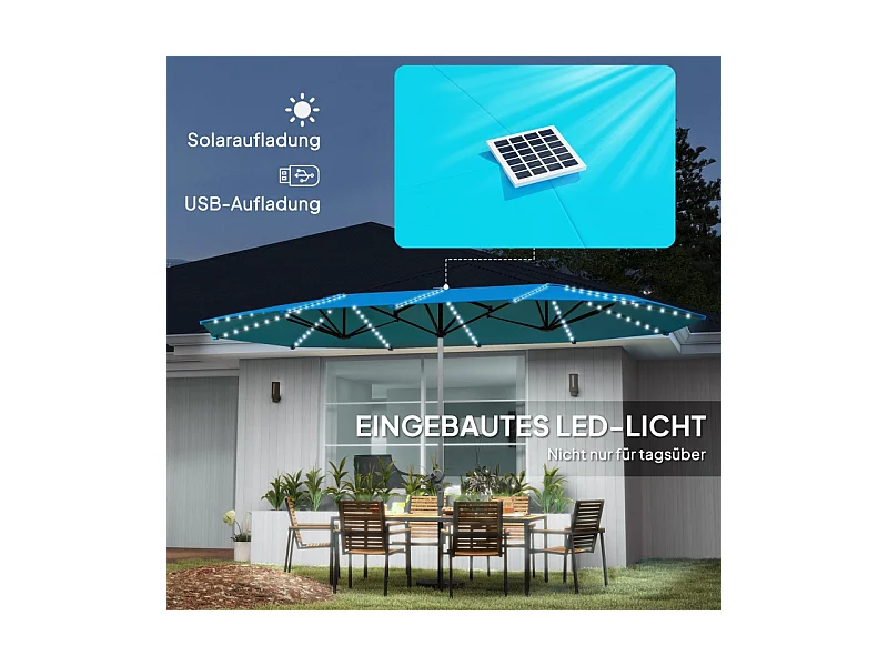 Dubbele parasol met solar LED-verlichting, aluminium, UV50+ bescherming, blauw (451x267x249 cm)