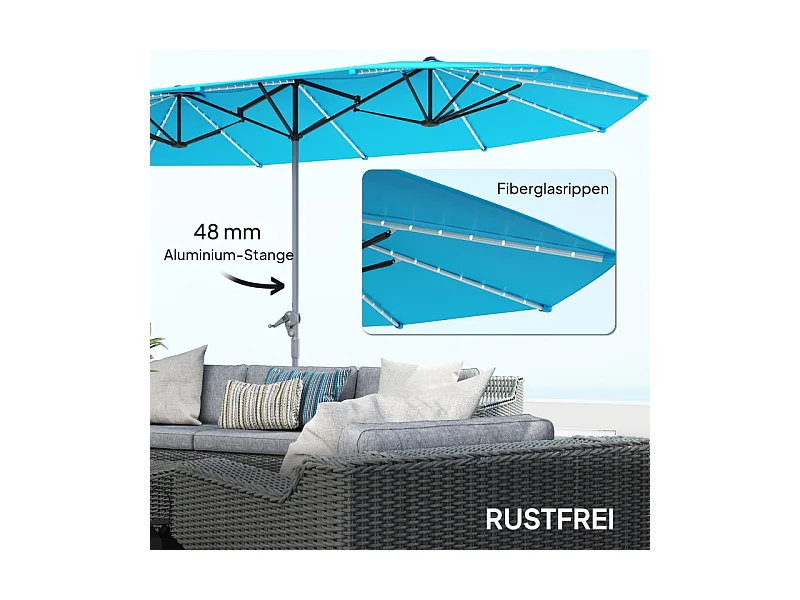 Dubbele parasol met solar LED-verlichting, aluminium, UV50+ bescherming, blauw (451x267x249 cm)